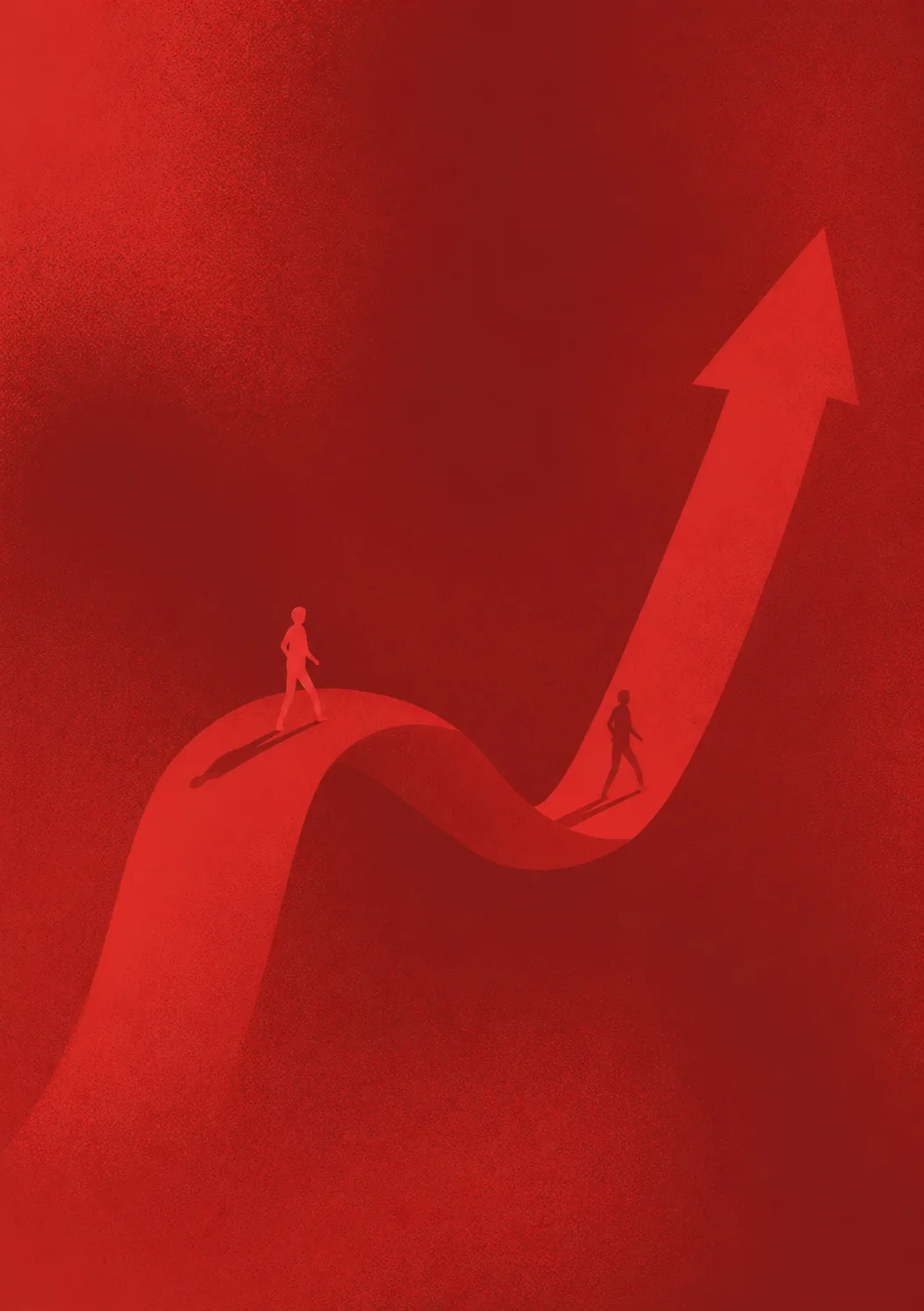 Two figures walking up a rising red arrow, the growth engine