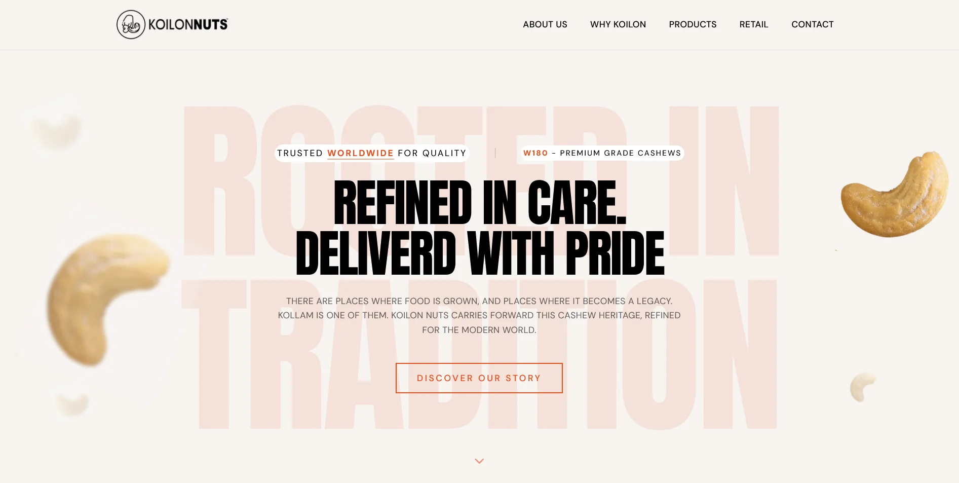 Koilon Nuts website hero: 'Refined in care. Delivered with pride.'