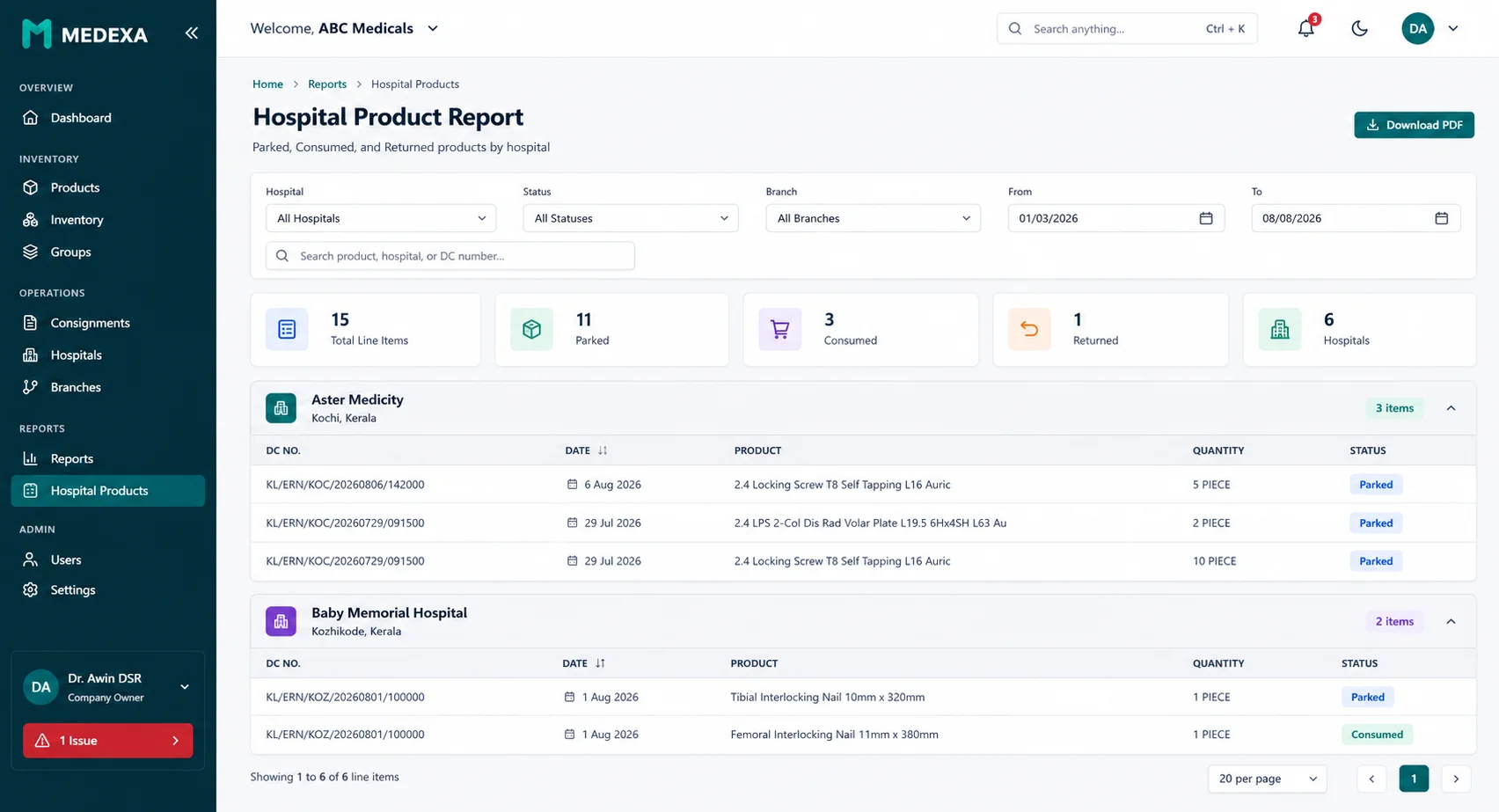 Medexa hospital product report screen