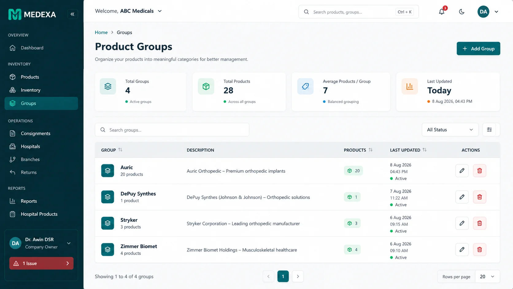 Medexa product groups screen