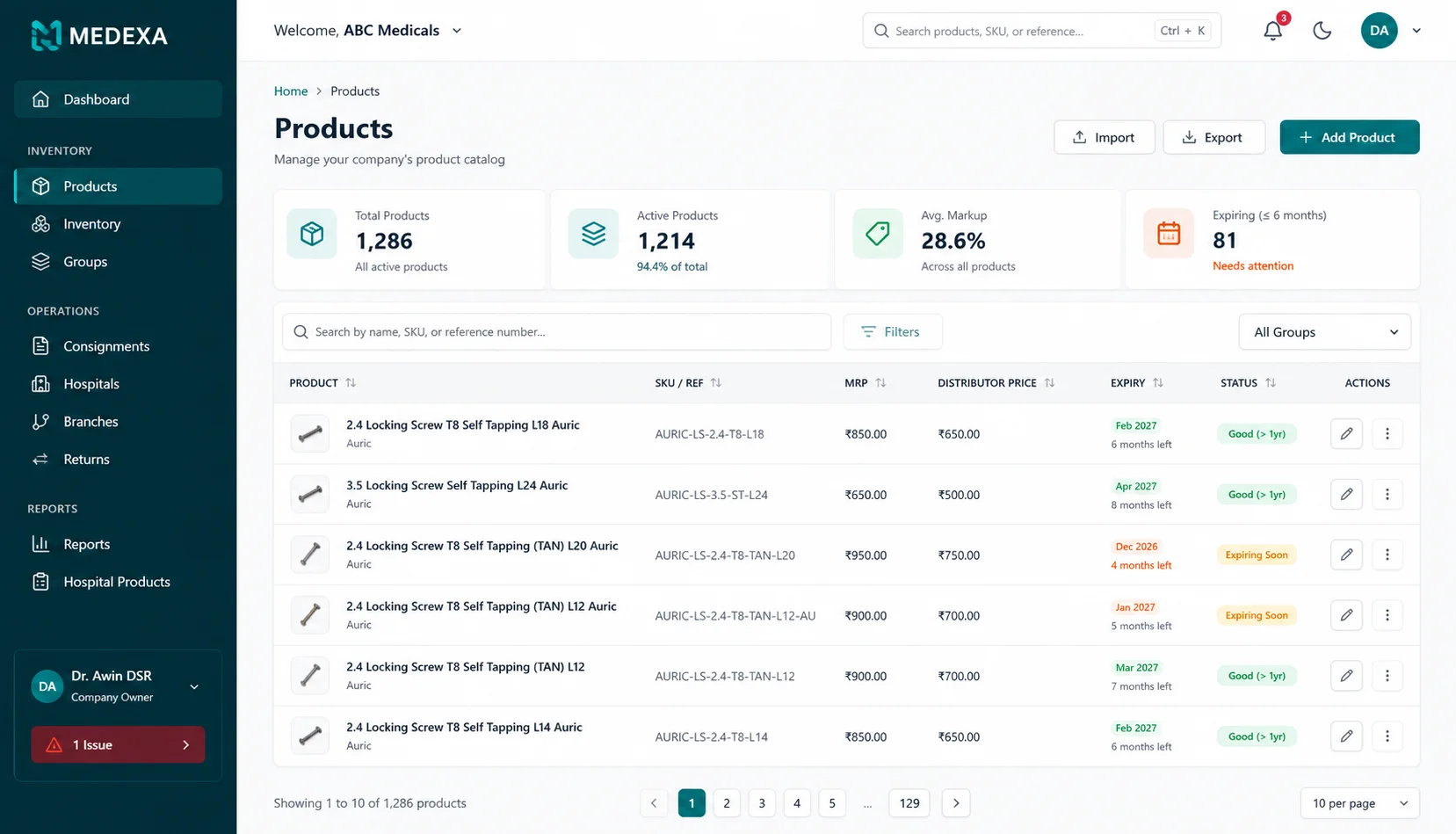 Medexa product catalog with pricing and expiry tracking
