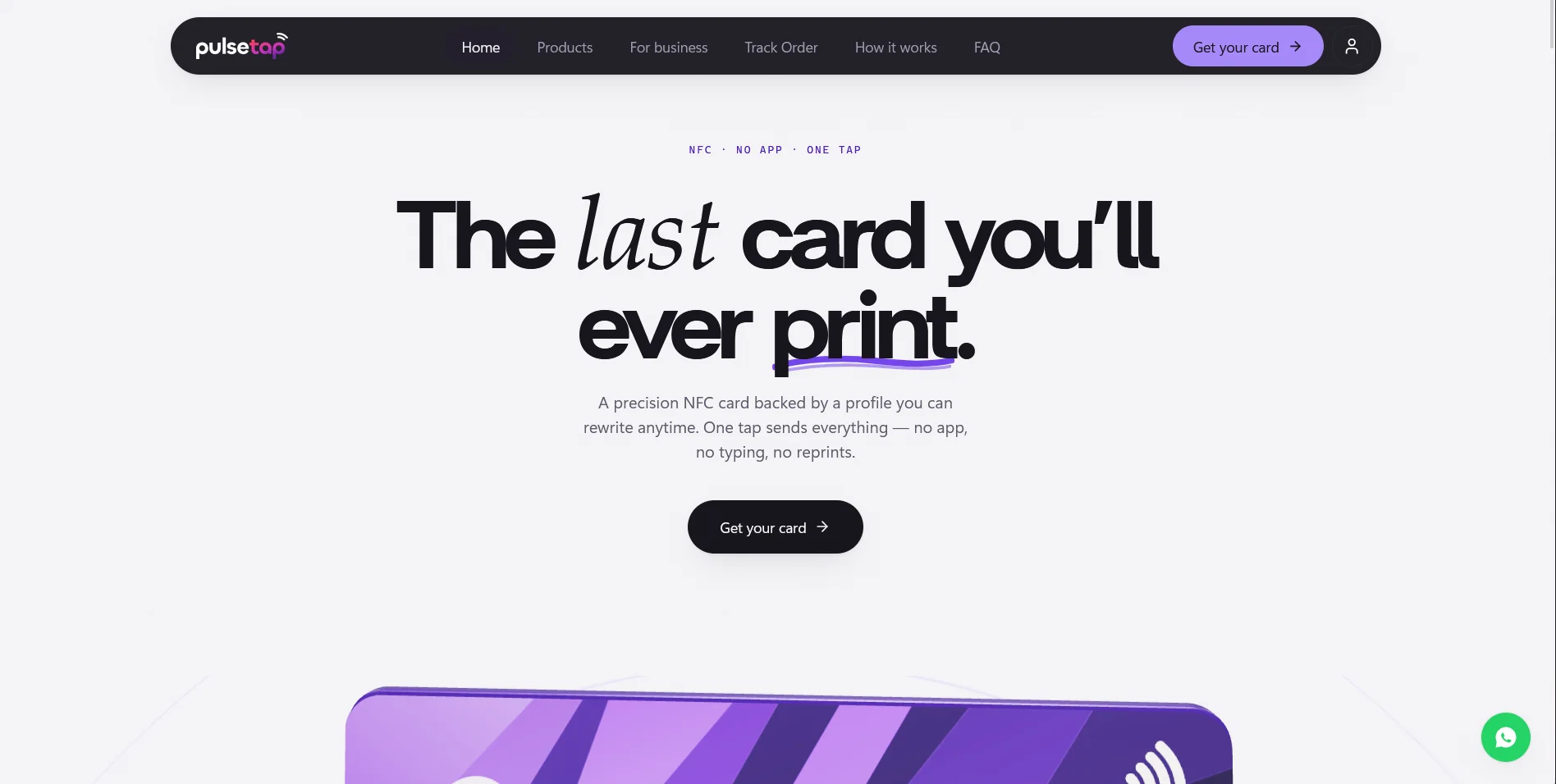 Pulsetap website hero showing the NFC business card and tagline