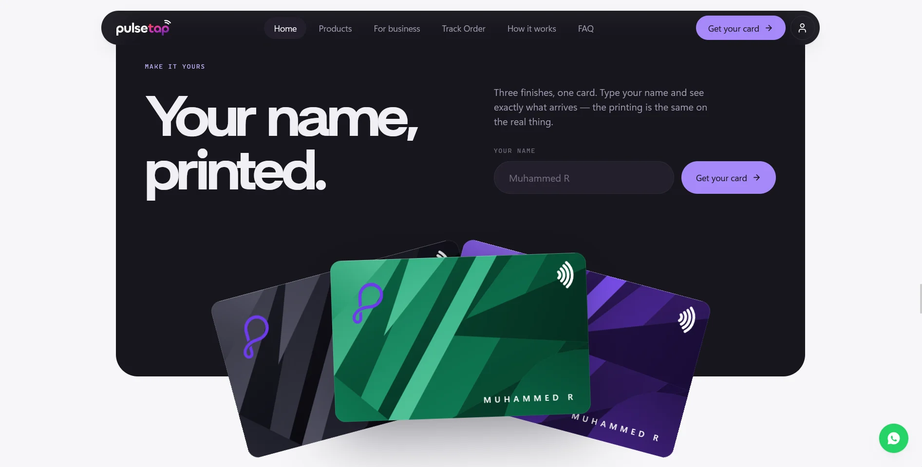 Pulsetap personalisation screen showing three card finishes with a printed name
